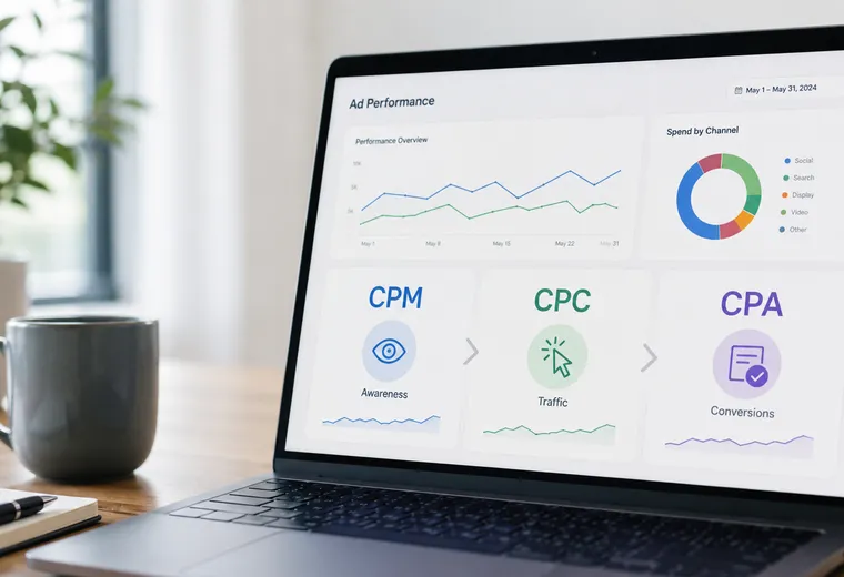 Dijital reklam metrikleri CPM, CPC ve CPA için blog kapak görseli