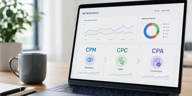 Dijital reklam metrikleri CPM, CPC ve CPA için blog kapak görseli